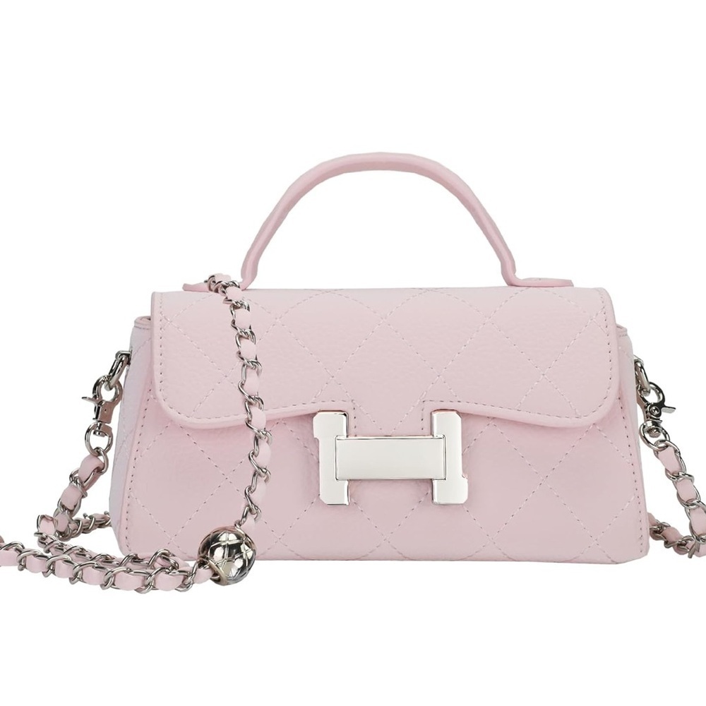 Baby pink small bag with chain crossbody strap with silver accents